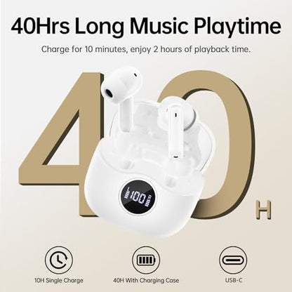 xinwld Adaptive Hybrid Active Noise Canceling 2026 Wireless Earbuds, 6 Mics ENC Clear Call Ear Buds, Hi-Res Audio Deep Bass Bluetooth 5.4 Headphones, 40H, LED, for Sports Running Gym Workout, White - color: Light White