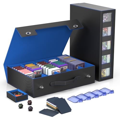 Kabinka MTG Card Storage Box with Handle & Mechanical Latch,5-Row 3900+ Commander Trading Card Case with Sealed Display Window,Top Loaders Organizer Deck Box for MTG/TCG/PTCG/Sports Cards (Black Blue) - color: A1-Black& Blue, size: 3900+ Handle