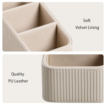 Remote Control Holder, PU Leather Nightstand Organizer Bedside Caddy with 3 Compartments, Small Desk Organizer for Remote/Pen/Glasses/Phone (Beige) - color: Beige