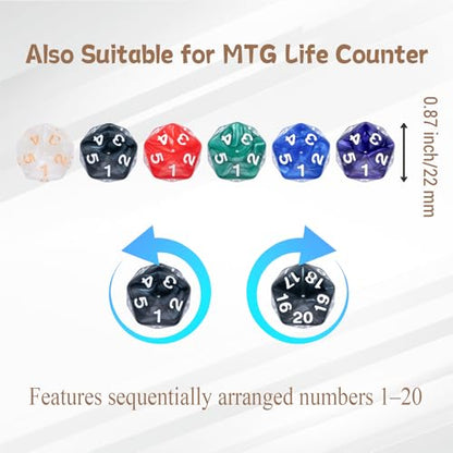 12 PCS D20 Spindown Dice Set in 6 Pearl Colors for MTG Accessories | Easy to read, 0.86 Inches 20 sided countdown D20, a grey velvet bag