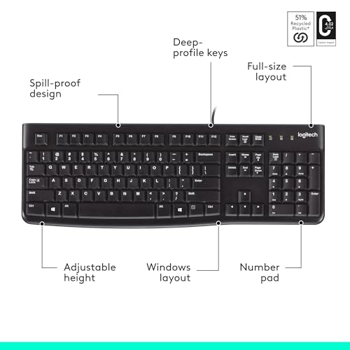 Logitech K120 Full Size Wired Keyboard USB Plug-and-Play Windows - Black