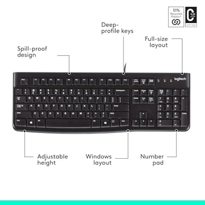 Logitech K120 Full Size Wired Keyboard USB Plug-and-Play Windows - Black