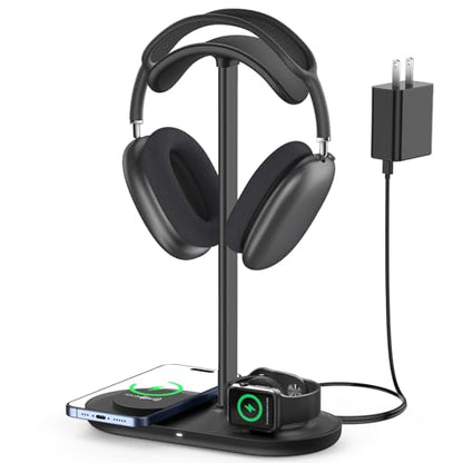 HiWe Headphone Stand, 2-in-1 MagSafe Wireless Charger for iPhone/iWatch | Headset Holder for All Headphones, Aluminum Alloy Bar, ABS Solid Base, PU Headrest, Table Desk Organizer - color: Black
