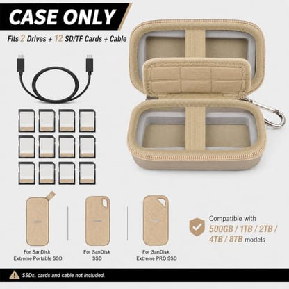 Comecase Dual SSD Case for SanDisk Extreme Portable SSD and Extreme PRO | Holds 2 Drives & 12 SD Cards, Elastic Strap Fit 500GB/1TB/2TB/4TB/8TB, Cable Groove & Carabiner for Travel, Khaki, Box Only - color: Khaki