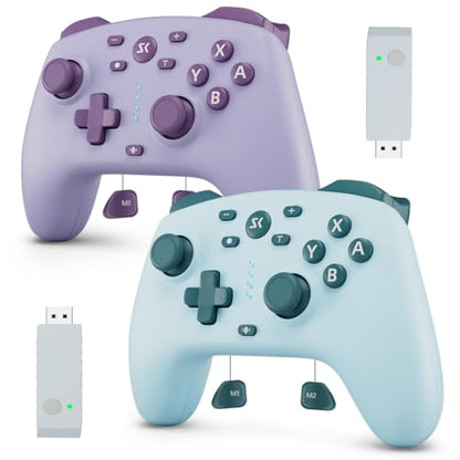 Wireless Switch Controller for Switch/Switch 2/Lite/OLED/PC Controller with 2.4G Adapter, 2 Pack Switch Controller with Hall Joysticks & Hall Triggers, Switch Pro Controller with Wake-up, 2 Back Programmable Buttons, Turbo Function - color: Lake Blue+Purp
