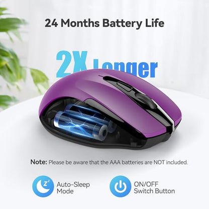 TECKNET Wireless Mouse, 2.4G Ergonomic Computer Mouse, 2600 DPI, Purple | Ergonomic Design with Side Grips, Adjustable DPI, 2-Year Battery, Compact Size, USB-A Plug & Play, Wide OS Compatibility - color: Purple