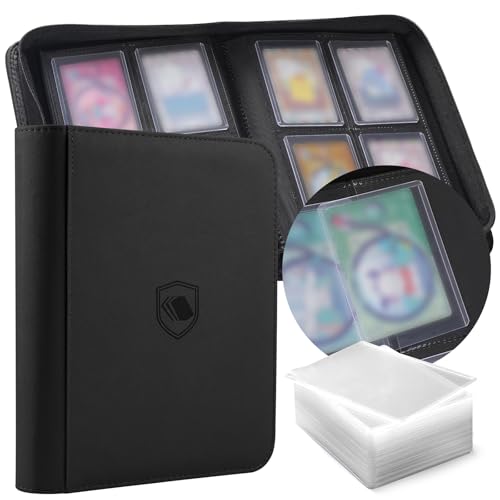 Toploader Binder, Holds 160 Toploaders, 100 Toploaders INCLUDED, 4-Pocket PU Cover Top Loader Binder for 3" x 4" Rigid Toploader, Ringless Double-Sided Toploader Card Binder for TCG, Sport Cards - color: Black, size: 4 Pocket