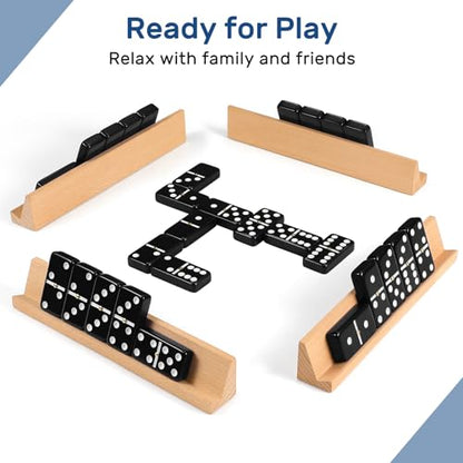 Jumbo Dominos Set for Adults with 4 Wooden Racks/Trays, Double 6 Dominoes Travel Set with Portable Case Double Six Dominoes Set with 4 Tiles Holders, 28 Tiles Dominos Set for Family Board Games - color: Black