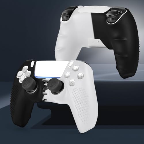 PS5 Controller Skin, Anti-Slip Soft Silicone Protective Cover Case for PlayStation 5 Controller Grip Accessories, 2 Pack with 8 x Thumb Grip Caps (Black Mix White) - color: Black Mix White