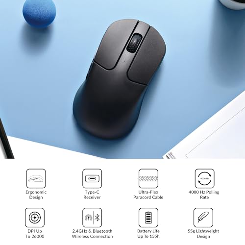 Keychron M3 Mini 4K Wireless Bluetooth 5.1/2.4 GHz/Wired Optical Mouse, Ultra-Lightweight 55g Programmable PixArt 3395 Sensor with up to 26,000 DPI/ 650 IPS for Windows Mac Linux - Black - color: Black, style: 4000Hz Polling Rate
