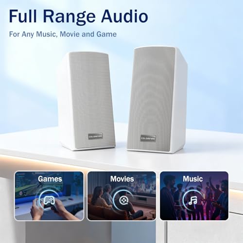 ColorFire White Computer Speakers, RGB PC Speakers, 52mm Full-Range Sound | Neon Lighting, USB, TF Card Modes, 3.5mm Microphone Input, Headphone Output