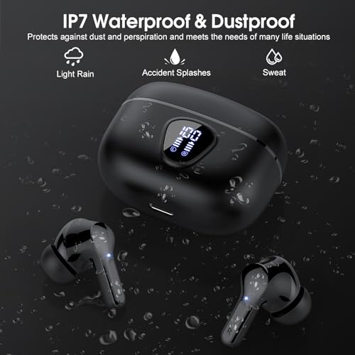 Wireless Earbuds, Bluetooth 5.4 Headphones HiFi Stereo, Bluetooth Earbuds with ENC Noise Cancelling Mic, IP7 Waterproof in Ear Earphones, 48H, LED Display Ear buds for Pad Workout Sports, Black - color: Black