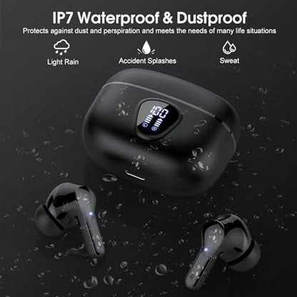 Wireless Earbuds, Bluetooth 5.4 Headphones HiFi Stereo, Bluetooth Earbuds with ENC Noise Cancelling Mic, IP7 Waterproof in Ear Earphones, 48H, LED Display Ear buds for Pad Workout Sports, Black - color: Black