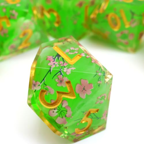XENOLUX Polyhedral Resin Dice Set for DND, Spring Sakura Blossom Botanical RPG Dice for Dungeons and Dragons, Handcrafted Translucent Tabletop Board Games Accessories with Tin Box (L12) - color: L12