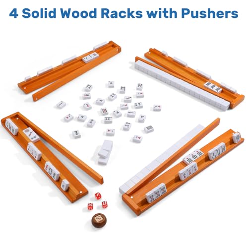 American Mahjong Tile Set, 166 White Tiles & 4 All-in-One Wooden Racks with Pushers, Mah Jongg Game Sets with Blue Mahjong-Themed Carrying Bag - color: Blue
