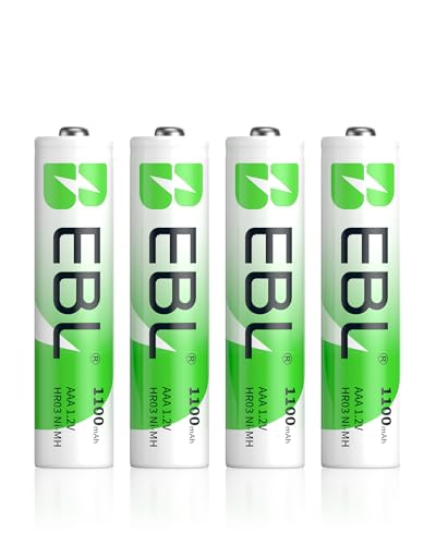 EBL 1100mAh Super Capacity AAA Rechargeable Batteries, 4 Pack | 1.2V NiMH, Pre-Charged, Mercury-Free, 1200 Cycles, Low self-discharge, Zero Leakage Technology, Compatible with Daily Device - size: 4 AAA