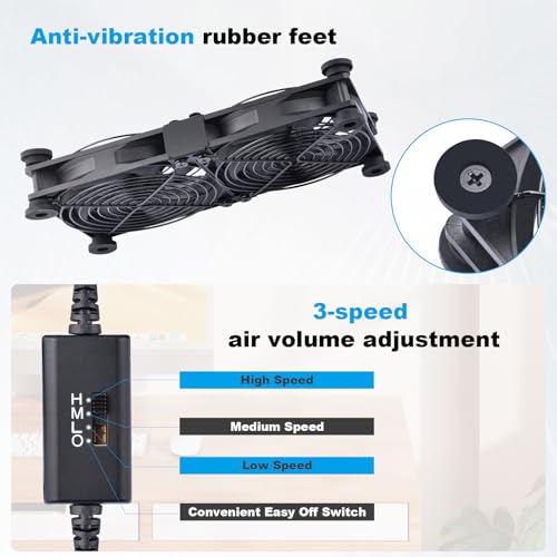 Quiet Dual 120mm Router Fan Cooler with L/M/H 3-Degree Speed Controller, DC 5V USB Powered Cooling Case Fan for Router Modem Receiver DVR PlayStation TV Box - size: Dual 120mm