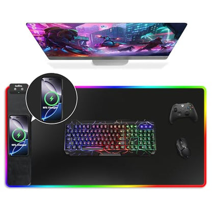 RGB Gaming Mouse Pad with Wireless Charging, Large Desk Mat, 31.5"x11.8" | XXL LED Mousepad, Ultra-Smooth Surface, Non-Slip Rubber Base, Waterproof Computer Keyboard Pad for Gamer, Black - color: Black-rgb+wireles Charging