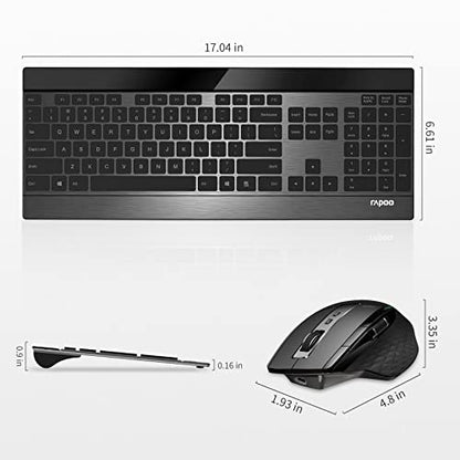 RAPOO 무선 키보드 및 레이저 마우스 콤보, 멀티 장치 (블루투스 4.0+3.0+2.4G) 키보드 및 마우스 세트, 윈도우/안드로이드/맥 OS용 울트라 슬림 컴퓨터 키보드 컴팩트 디자인