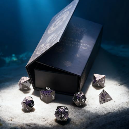 Cthulhu-Inspired Octopus Metal RPG Dice Set,7-Piece,Shadow Purple on Black,Solid Zinc Alloy Plated Finish,Gift for Tabletop Role-Playing Fans (Black Purple) - color: Black Purple