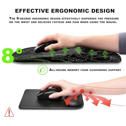 Ergonomic Mouse Pad with Massage Dot, Comfortable Computer Mouse Pad for Laptop, Wrist Rest Pain Relief, Non-Slip PU Base, Black, 12 x 8 in - color: 022-Topographic Map Black