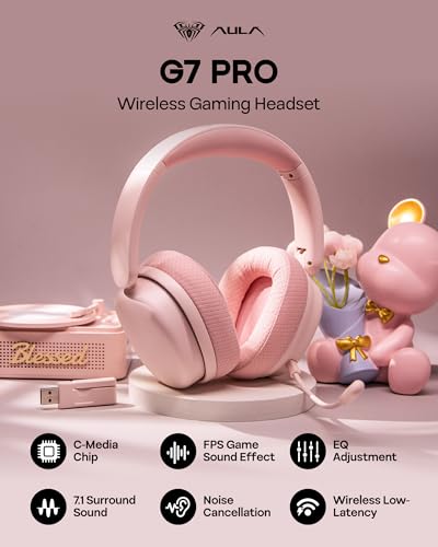 EPOMAKER X Aula G7 Pro Wireless Gaming Headset, Dual Mode BT5.3 & 2.4GHz | 7.1 Surround Sound, 80+ Hour Battery, RGB Light, with Noise Canceling Mic for PS5, PS4, Switch, PC (Pink) - color: Pink