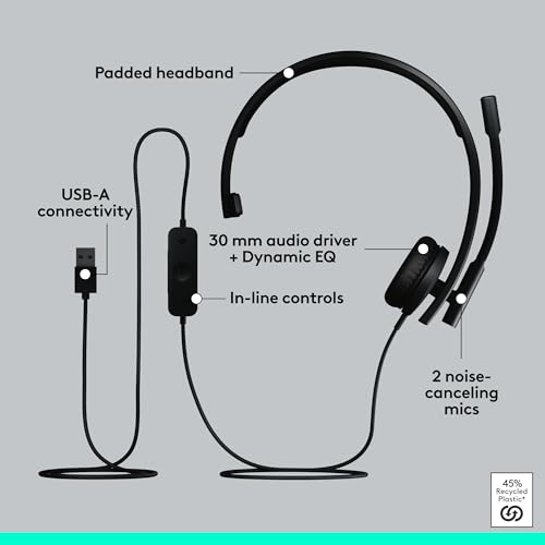 Logitech H570e USB Headset with Microphone, PC and Mac - Black | USB-A connection, inline controls, certified for Microsoft Teams, compatible with PC and Mac, microphone included - size: Teams, style: Mono