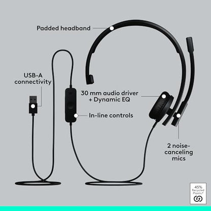 Logitech H570e USB Headset with Microphone, PC and Mac - Black | USB-A connection, inline controls, certified for Microsoft Teams, compatible with PC and Mac, microphone included - size: Teams, style: Mono