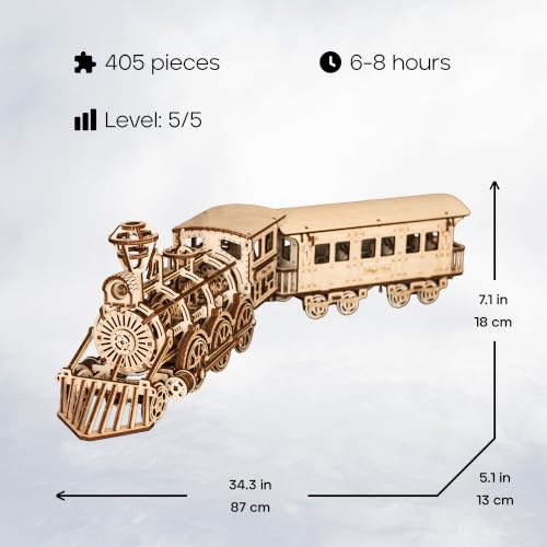 Wood Trick Toy Train Set 3D Wooden Puzzles for Adults to Build | [405 Parts] Locomotive w/ Railway Track - Engineering DIY Wooden Model Kit for Adults to Build
