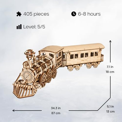 Wood Trick Toy Train Set 3D Wooden Puzzles for Adults to Build | [405 Parts] Locomotive w/ Railway Track - Engineering DIY Wooden Model Kit for Adults to Build