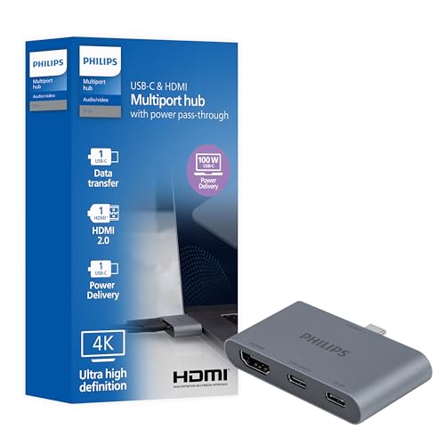 Philips USB-C Multiport Hub, with 4K HDMI Display, 100 Watt Power Delivery | 10bps and 2 5Gbps USB-A Data Ports, Multi Device Connector, for Phone, Tablet or Laptop, Gray/Silver, SWL3303M/37 - style: USB-C to HDMI Port | 2 USB Port