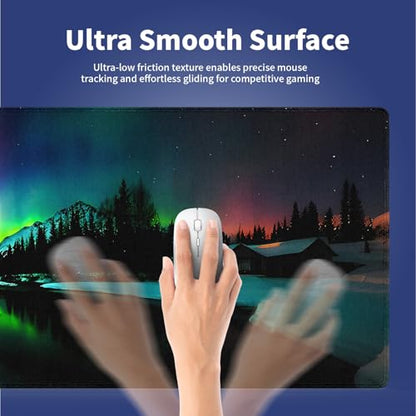 Extra Large Gaming & Office Mouse Pad (31.5" x 11.8") – Aurora Borealis Over Winter Landscape Snow Mountains & Calm Lake & Captivating Night Sky, XXL Desk Mat with Durable Stitched Edges | Calm Lake Captivating Night Sky, Nature Dark Forest, 31.5" x 11.8"