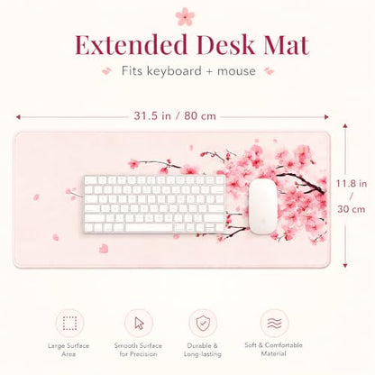 Cherry Blossom Desk Mat, Large Pink Sakura Mouse Pad with Stitched Edges, Non-Slip Rubber Base, 31.5 x 11.8 Inch - color: Pink Cherry Blossom
