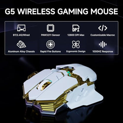 EWEADN G5 Tri-Mode Wireless Gaming Mouse, 12800 DPI Programmable Ergonomic Mouse with Metal Base for Stability, 500mAh Rechargeable, 8 Macro Buttons, Rapid Fire Key, RGB Backlit for FPS PC Mac- White - color: White