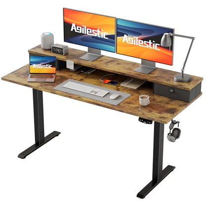 Agilestic 55 x 24 Inches Height Adjustable Electric Standing Desk with 2 Drawers, Stand Up Electric Desk Adjustable Height, Sit Stand Computer Gaming Table with Splice Board, Rustic Brown - color: Rustic Brown, size: 55 x 24 Inches with 2 drawers