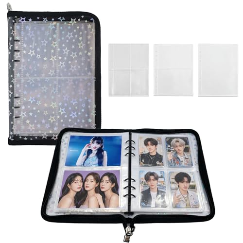 A5 Kpop Photocard Binder Holder with 50 Sheets Double Sided Sleeves for Polaroid Instax Mini Photo Album Zip Book Game Trading Sports Baseball Card Binder 6 Ring 4 Pocket Collector (Black) - color: Black