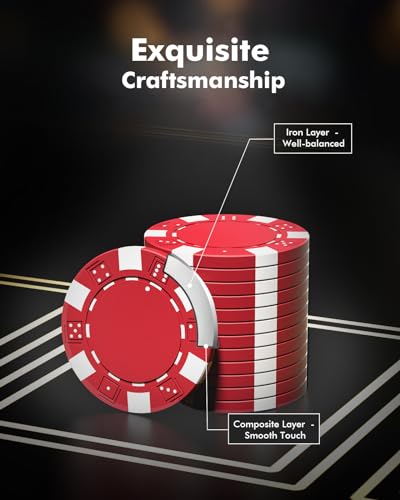 HEITOK Poker Chips, 500PCS Poker Chip Set with Aluminum Travel Case, Waterproof of 11.5 g Poker Set for Texas Holdem Blackjack Gambling | 500 blank 11.5g iron-core poker chips with aluminum case, cards, dice and buttons for 2-10 player game nights - size: