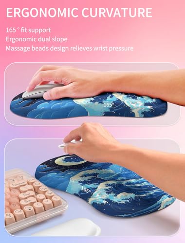Hokafenle 2in1 Combination, Wave Keyboard Wrist Rest and Ergonomic Curvature Mouse Pad Wrist Support for Relieve Wrist Pain, Filled with Soft Cushion Memory Foam, Crescent Waves - color: Crescent Waves