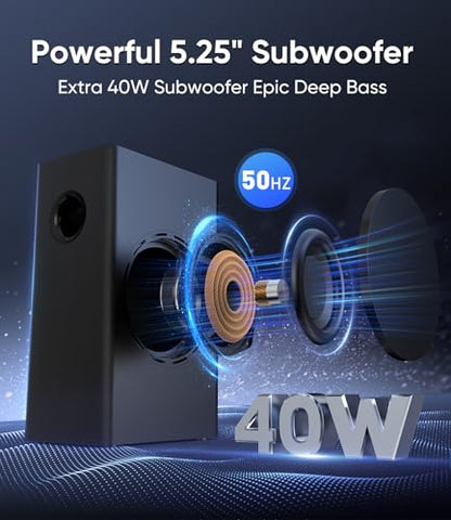 100W Sound Bar with Wired Subwoofer, Deep Bass & Crystal Dialogue | Surround Sound Home Theater System, 3.1 Channel Soundbar, Bluetooth 5.3/ARC/AUX/Optical Inputs,forTV/PC/Projector/Gaming