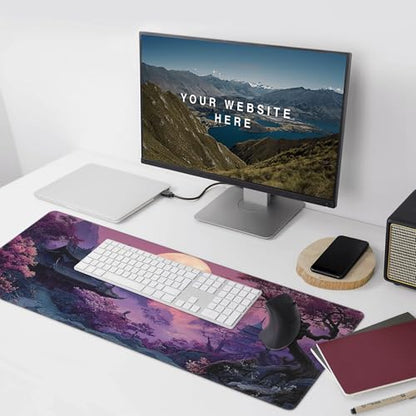 Large Gaming Desk Mat, Fantasy Japanese Temple Design, Purple, 35.4" x 15.7", Non-Slip Rubber Base, Stitched Edges - color: Modern starry sky pattern print