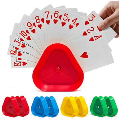 Playing Card Holders 8 Pack - Triangle Hands Free Card Holder for Kids, Adults, Seniors | Plastic Card Holders for Poker, Game Nights, Classroom Activities (4 Colors)