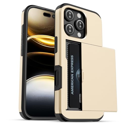 Jiunai for iPhone 16 Pro Case Wallet Holds 2 Cards Slide Card Pocket Gold | Pocket for IDs Credit Access Card License,Shockproof Protective Phone Cover for iPhone 16 Pro 6.3" Women Men Teen School Work - color: Gold, size: for iPhone 16 Pro 6.3''