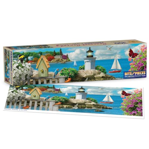 Bits and Pieces 300 Piece Panoramic Puzzle - Seacoast Serenity - 300 Large Pieces 12" x 36" Jigsaw Puzzles for Adults, Seascape Ocean Lighthouse Birds, No 2 Pieces Alike - size: 300 Piece Puzzle
