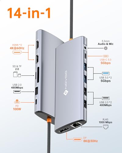NOVOO USB C Docking Station Dual Monitor for Laptop, 14 in 1 Hub Adapter Thunderbolt 3 to Dual 4K60 HDMI+8K30 DP USB C/A Data 100W PD RJ45 SD/TF - style: 14-in-1