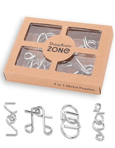 4-in-1 Puzzle Bright Curve Set by Sharp Brain Zone – Heavy Duty Metal Brain Teasers, Unique IQ Puzzle Games for Problem Solving, Stress Relief, Focus Training and Entertainment - style: Bright Curve