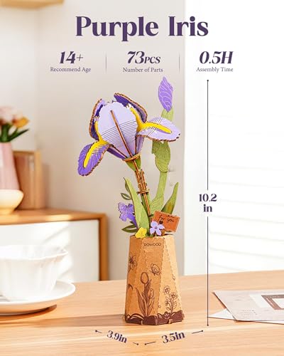 Rowood 3D Puzzles for Adults,DIY Mother's Day Wooden Flower Building Set Craft Kits, Botannical Collection Home Decor,Christmas/Birthday/Valentine's Day Gift- Purple Iris - style: Purple Iris