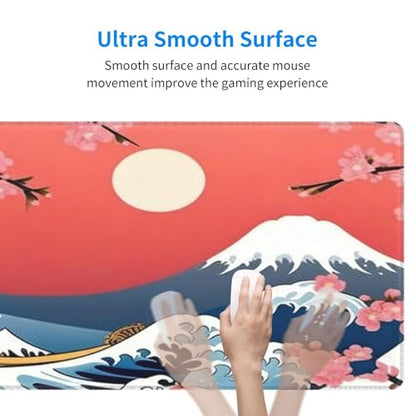Large Gaming Mouse Pad Desk Mat, Japanese Cherry Blossom Sea Wave Extended Keyboard Mouse Pad Mousepad with Non-Slip Base and Stitched Edge Mouse Mat Desk Pad for Desk Home Office, 31.5 x 11.8 - color: Japanese Cherry Blossom Sea Wave