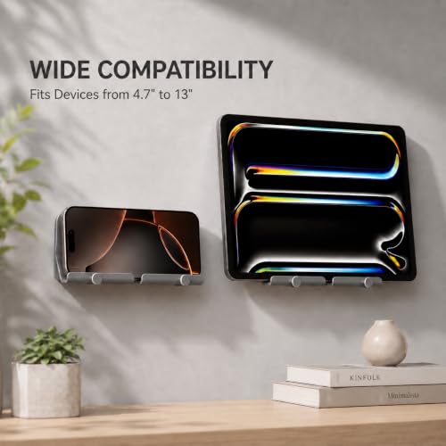 Wall Mount Phone Holder with Cable Hole & Hooks, Adhesive Wall Phone Holder, Phone Charging Dock & Organizer for Bedroom, Bathroom, Kitchen, Office, Dorm & RV (Grey) - color: Grey