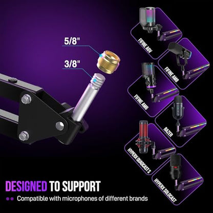 FIFINE Microphone Boom Arm, Metal Adjustable Mic Arm Stand with RGB Control, 3/8” to 5/8” Screw Adapter, Desk Mount Clamp, Suspension Scissor Mic Stand for Gaming Streaming Podcast-AmpliGame BM38 | Gaming RGB Mic Arm, Desk Mount Clamp, 3/8” to 5/8” Screw