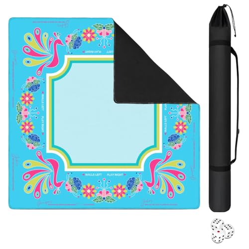 Mahjong Mat for Table with Carrying Bag & 3 Dice, Turquoise Peacock 31.5"x31.5" Square Rubber Mahjong Table Cover, Non-Slip & Noise Reduction Gaming Mat for Mah Jongg, Poker, Dominoes & Tile Games - color: Turquoise